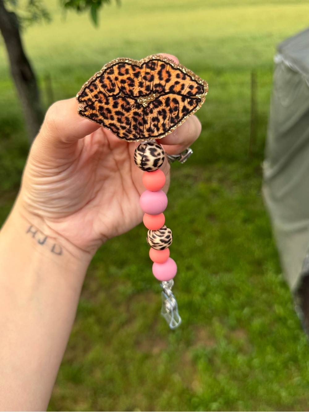Leopard Lips Pink & Coral badge reel